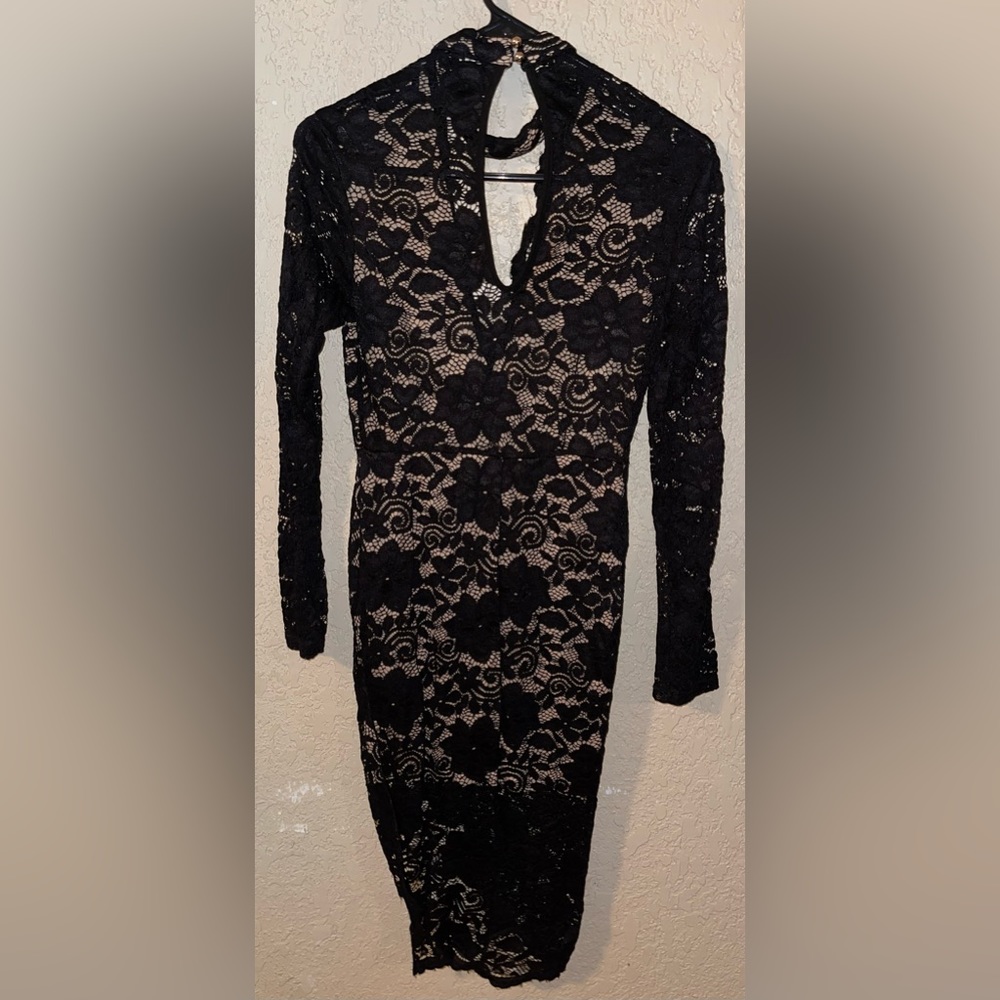 Privy Peeking Through- Black/Tan Bodycon Dress Medium